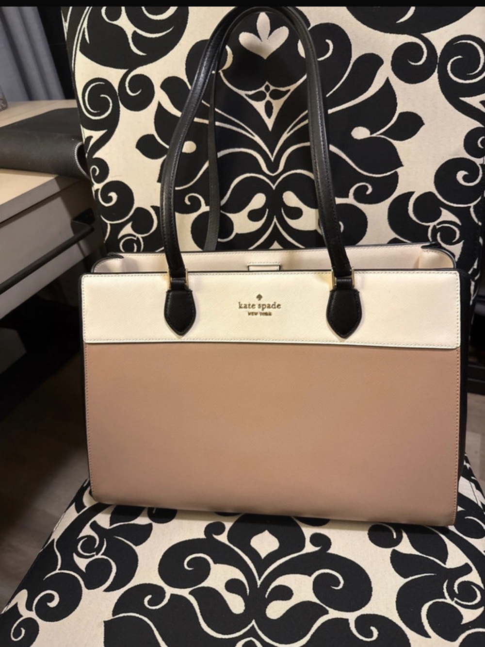 Kate Spade Two-Tone Leather Tote in Blush, Cream and Black Trim. Like new.